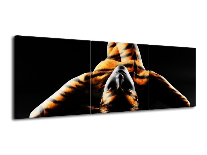 Glas schilderij Abstract | Oranje, Zwart, Geel | 120x40cm 3Luik