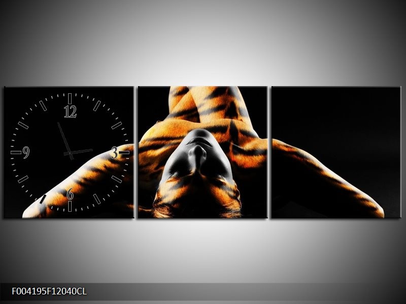 Klok schilderij Abstract | Oranje, Zwart, Geel | 120x40cm 3Luik