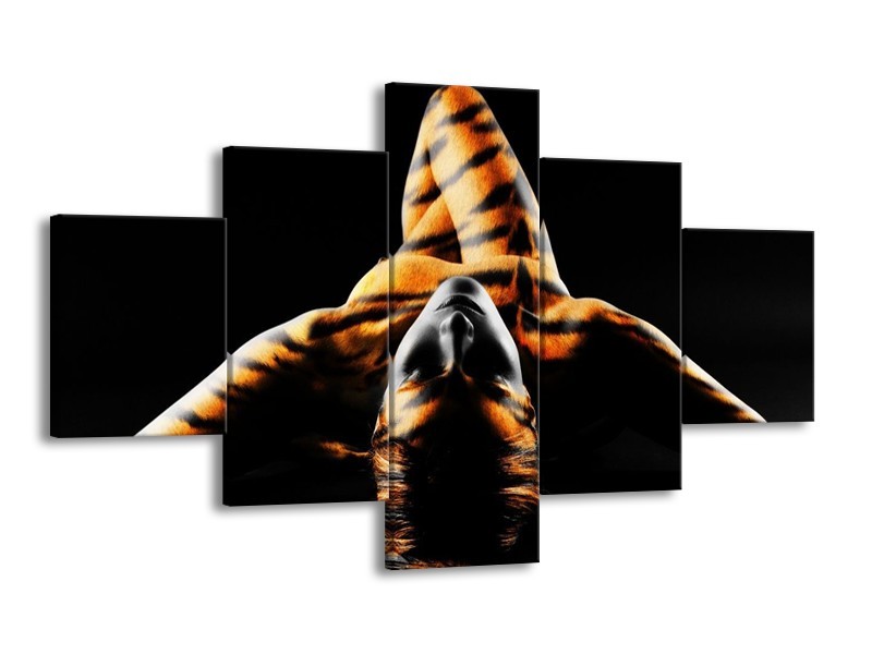 Canvas schilderij Abstract | Oranje, Zwart, Geel | 125x70cm 5Luik