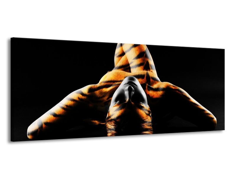 Glas schilderij Abstract | Oranje, Zwart, Geel | 145x58cm 1Luik
