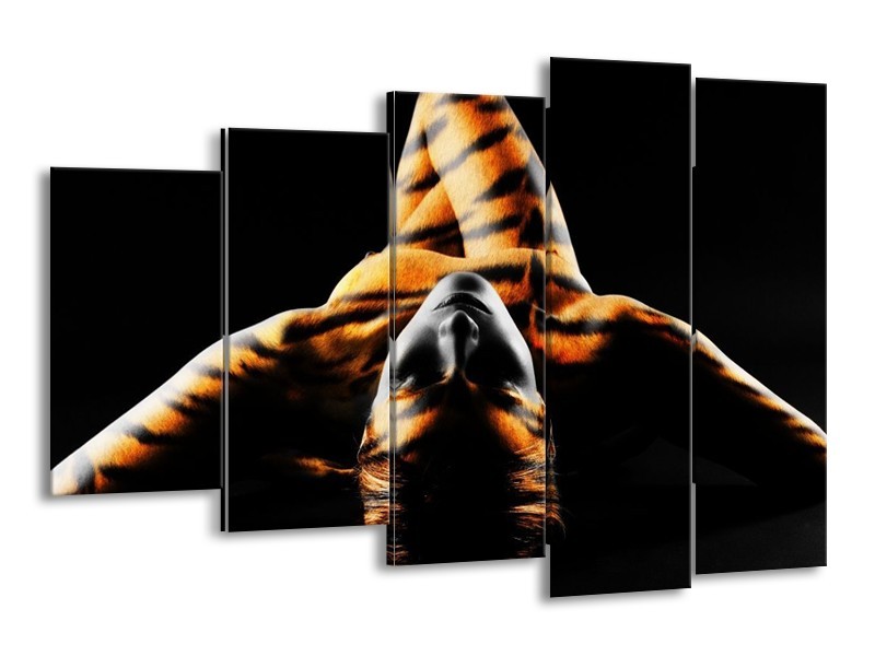 Canvas schilderij Abstract | Oranje, Zwart, Geel | 150x100cm 5Luik