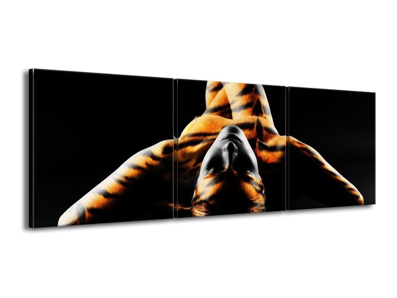 Glas schilderij Abstract | Oranje, Zwart, Geel | 150x50cm 3Luik