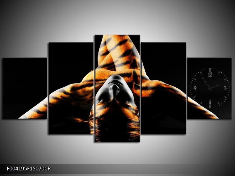 Klok schilderij Abstract | Oranje, Zwart, Geel | 150x70cm 5Luik