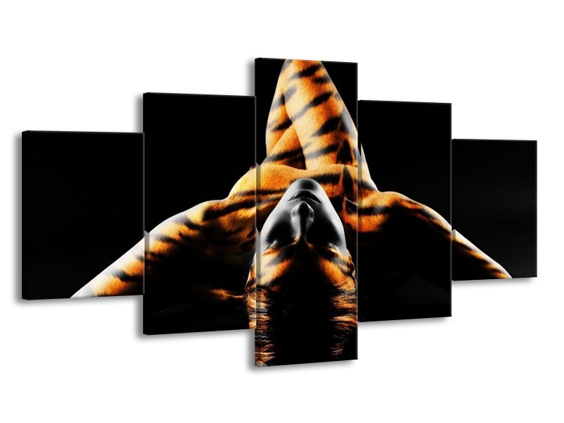 Canvas schilderij Abstract | Oranje, Zwart, Geel | 150x80cm 5Luik