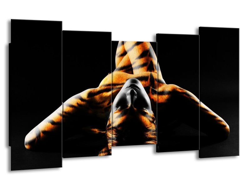 Canvas schilderij Abstract | Oranje, Zwart, Geel | 150x80cm 5Luik