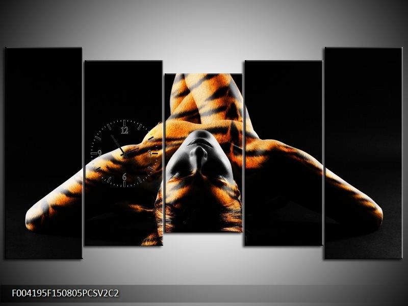Klok schilderij Abstract | Oranje, Zwart, Geel | 150x80cm 5Luik