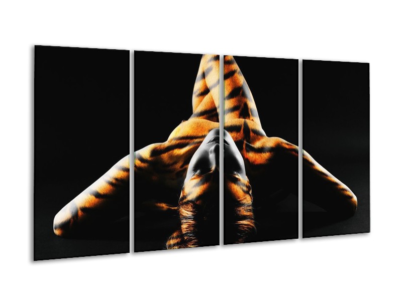 Canvas schilderij Abstract | Oranje, Zwart, Geel | 160x80cm 4Luik