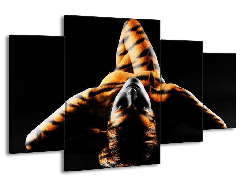 Canvas schilderij Abstract | Oranje, Zwart, Geel | 160x90cm 4Luik