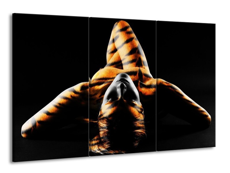 Canvas schilderij Abstract | Oranje, Zwart, Geel | 165x100cm 3Luik