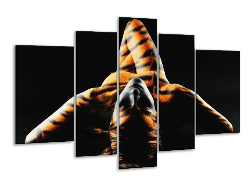 Glas schilderij Abstract | Oranje, Zwart, Geel | 170x100cm 5Luik