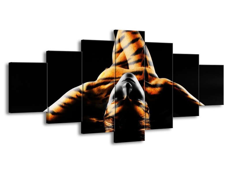 Canvas schilderij Abstract | Oranje, Zwart, Geel | 210x100cm 7Luik