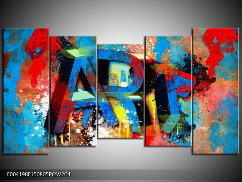 Klok schilderij Abstract | Blauw, Geel, Rood | 150x80cm 5Luik