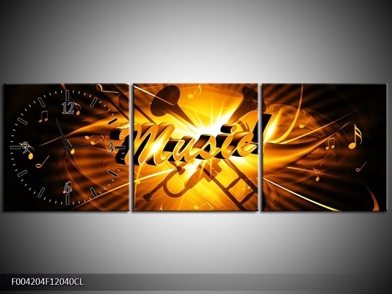 Klok schilderij Muziek | Goud, Geel, Zwart | 120x40cm 3Luik