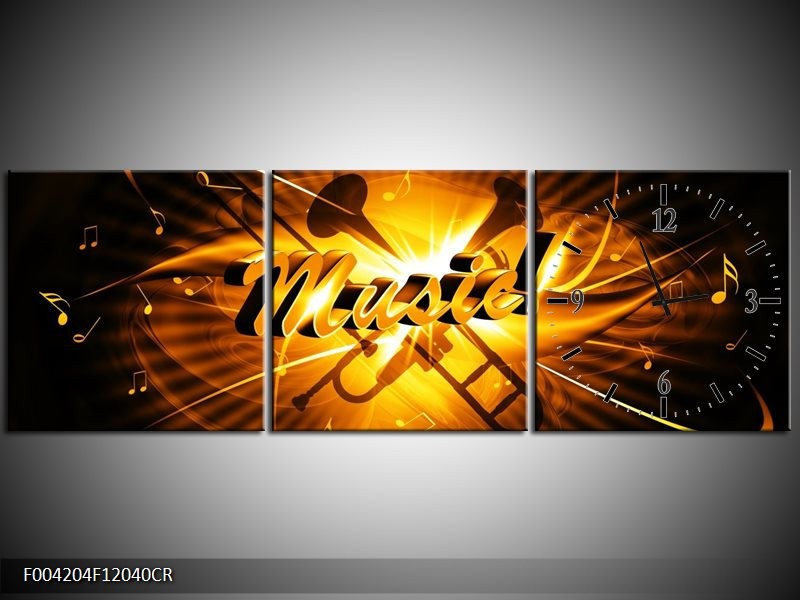 Klok schilderij Muziek | Goud, Geel, Zwart | 120x40cm 3Luik
