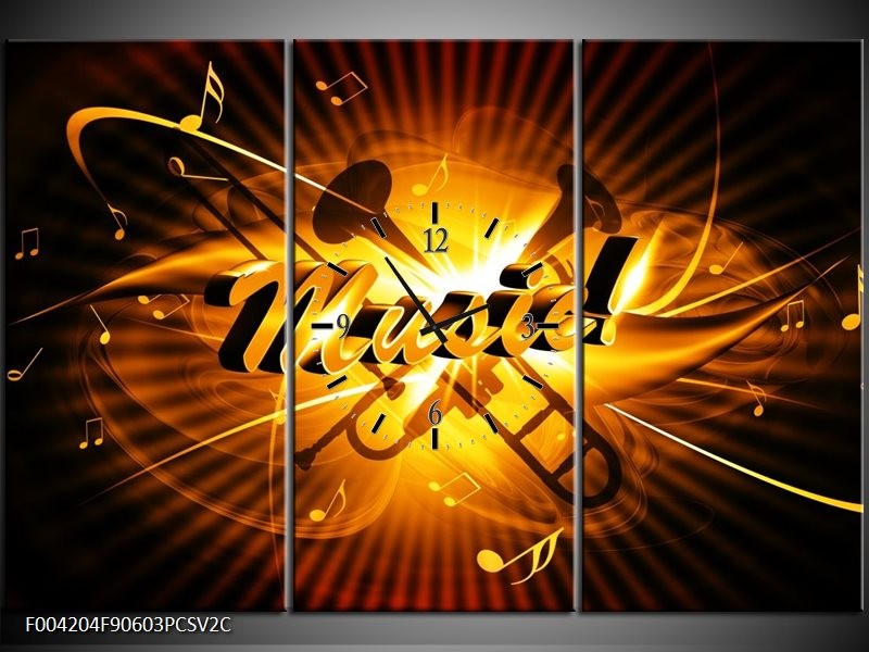 Klok schilderij Muziek | Goud, Geel, Zwart | 90x60cm 3Luik