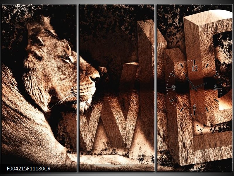 Klok schilderij Leeuw | Bruin, Zwart | 111x80cm 3Luik