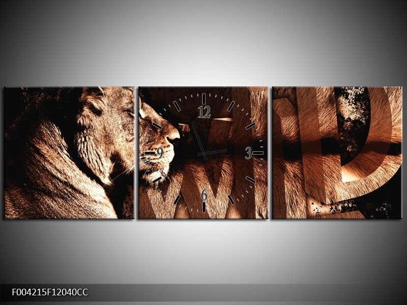 Klok schilderij Leeuw | Bruin, Zwart | 120x40cm 3Luik
