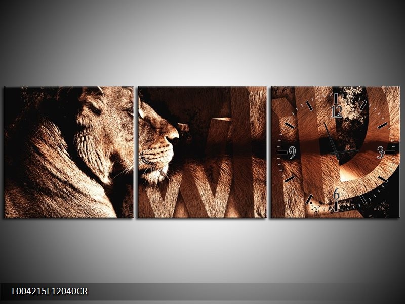 Klok schilderij Leeuw | Bruin, Zwart | 120x40cm 3Luik