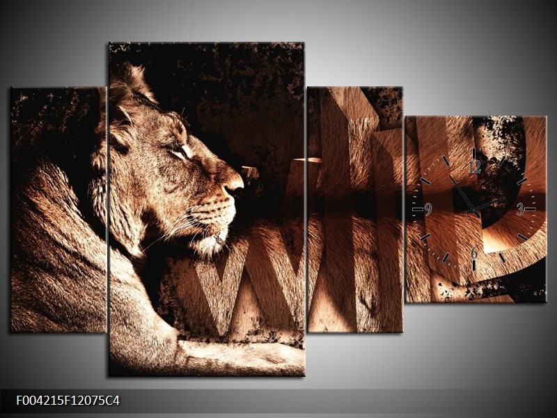 Klok schilderij Leeuw | Bruin, Zwart | 120x75cm 4Luik