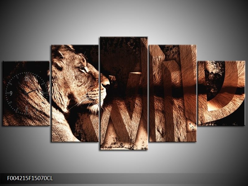 Klok schilderij Leeuw | Bruin, Zwart | 150x70cm 5Luik