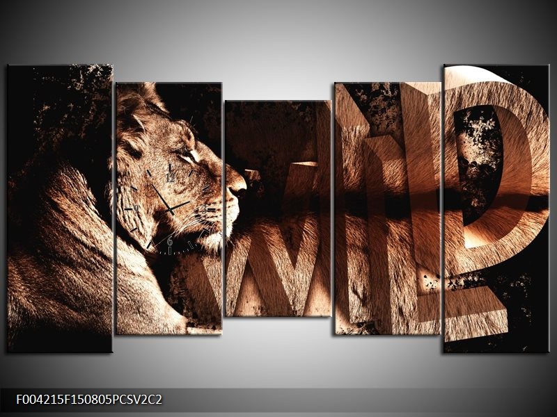 Klok schilderij Leeuw | Bruin, Zwart | 150x80cm 5Luik