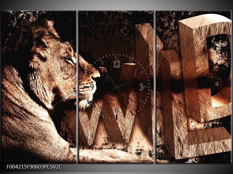 Klok schilderij Leeuw | Bruin, Zwart | 90x60cm 3Luik
