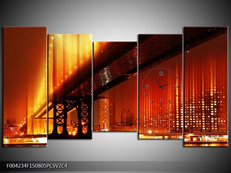 Klok schilderij Brug | Rood, Geel, Zwart | 150x80cm 5Luik