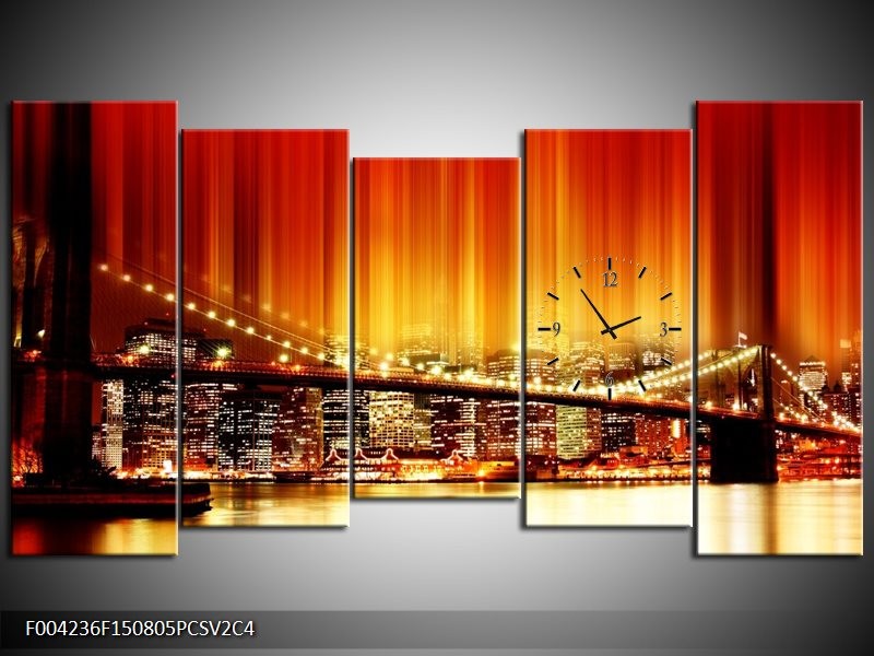 Klok schilderij Brug | Rood, Geel, Zwart | 150x80cm 5Luik