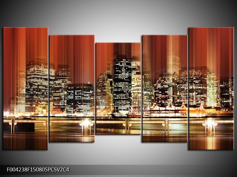 Klok schilderij Nacht | Rood, Geel, Bruin | 150x80cm 5Luik