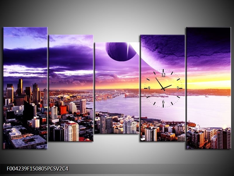 Klok schilderij Uitzicht | Paars, Geel, Grijs | 150x80cm 5Luik