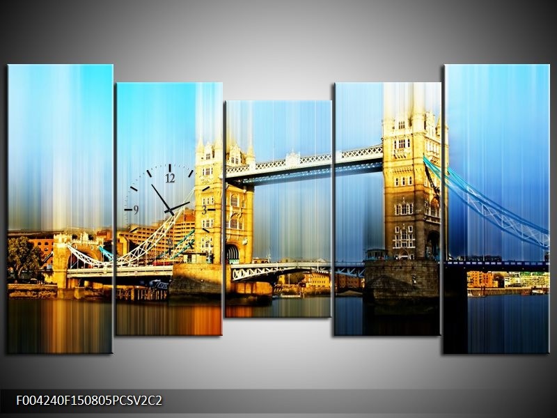 Klok schilderij London | Geel, Blauw, Grijs | 150x80cm 5Luik