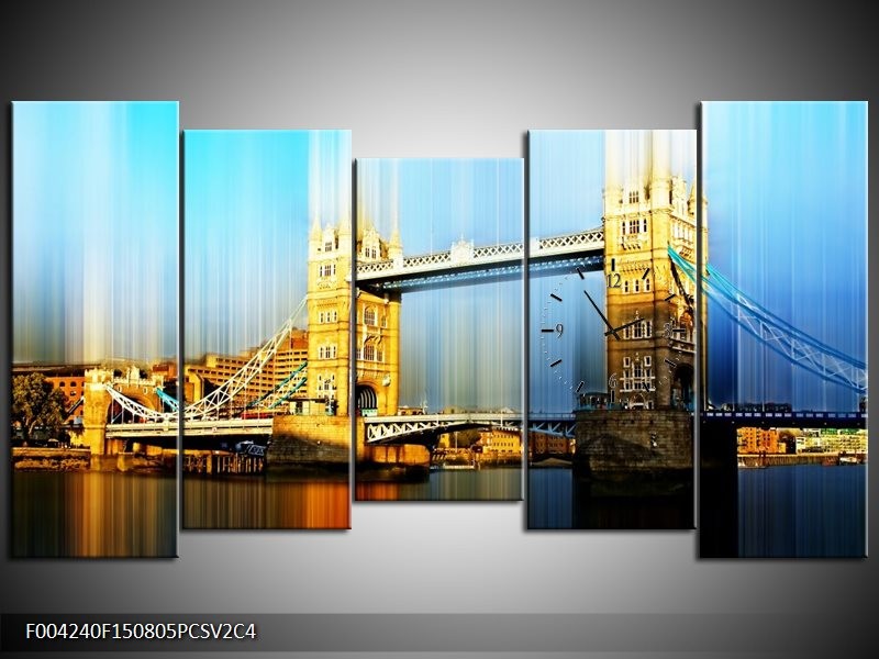 Klok schilderij London | Geel, Blauw, Grijs | 150x80cm 5Luik