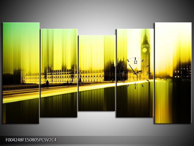 Klok schilderij Londen | Geel, Groen, Zwart | 150x80cm 5Luik