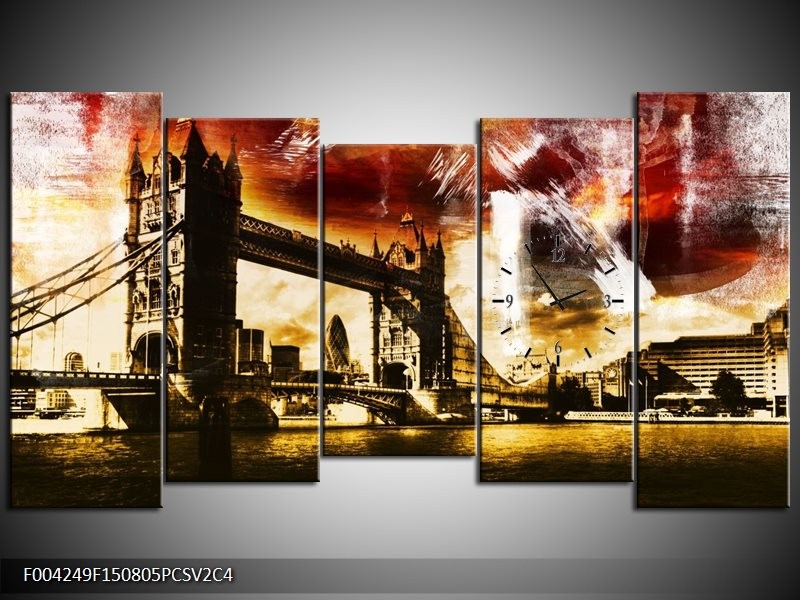 Klok schilderij Londen | Geel, Bruin, Zwart | 150x80cm 5Luik
