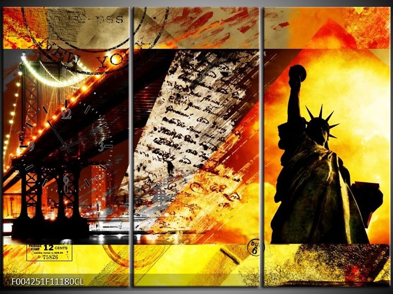 Klok schilderij New York | Geel, Rood, Zwart | 111x80cm 3Luik