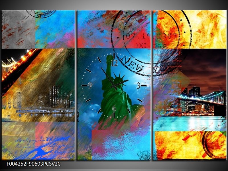Klok schilderij New York | Blauw, Rood, Geel | 90x60cm 3Luik