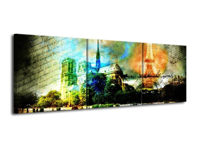 Canvas schilderij Parijs | Blauw, Oranje, Grijs | 120x40cm 3Luik