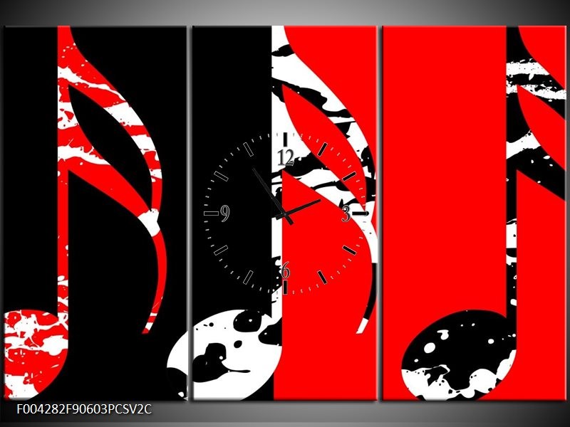Klok schilderij Muziek | Rood, Zwart, Wit | 90x60cm 3Luik