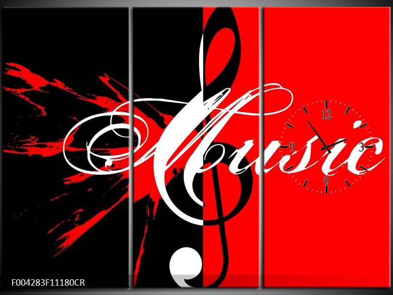 Klok schilderij Muziek | Rood, Zwart, Wit | 111x80cm 3Luik