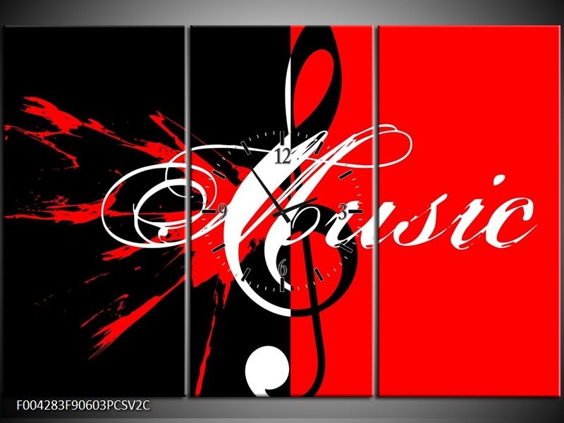 Klok schilderij Muziek | Rood, Zwart, Wit | 90x60cm 3Luik