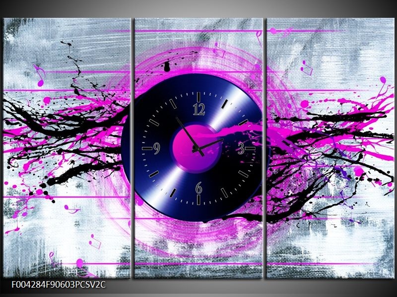 Klok schilderij Muziek | Paars, Zwart, Grijs | 90x60cm 3Luik