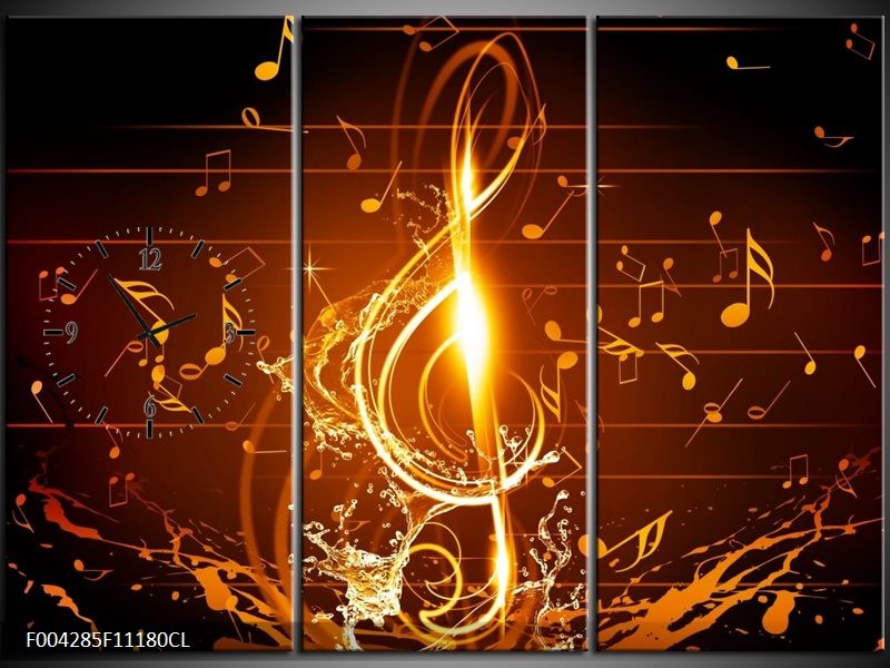 Klok schilderij Muziek | Bruin, Geel, Zwart | 111x80cm 3Luik