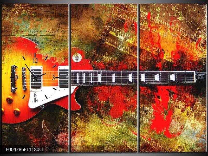 Klok schilderij Gitaar | Rood, Oranje, Geel | 111x80cm 3Luik