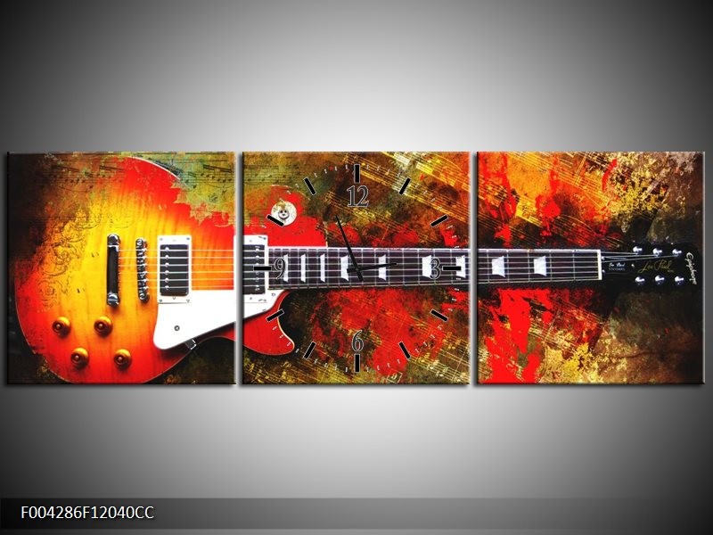 Klok schilderij Gitaar | Rood, Oranje, Geel | 120x40cm 3Luik