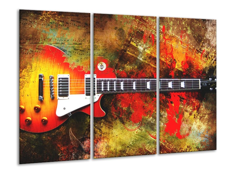 Canvas schilderij Gitaar | Rood, Oranje, Geel | 120x80cm 3Luik