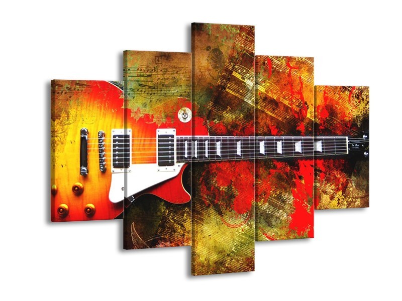 Canvas schilderij Gitaar | Rood, Oranje, Geel | 150x105cm 5Luik