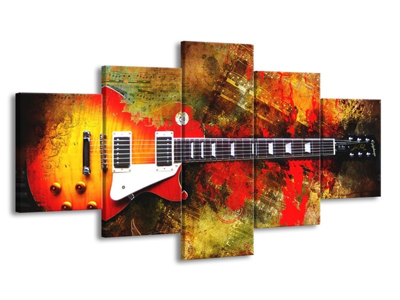 Glas schilderij Gitaar | Rood, Oranje, Geel | 150x80cm 5Luik