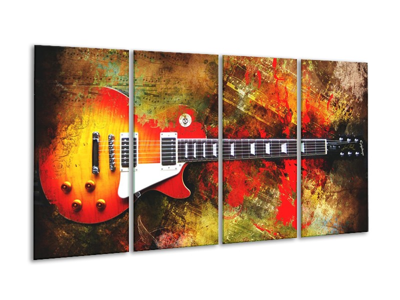 Canvas schilderij Gitaar | Rood, Oranje, Geel | 160x80cm 4Luik