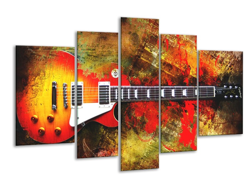 Glas schilderij Gitaar | Rood, Oranje, Geel | 170x100cm 5Luik