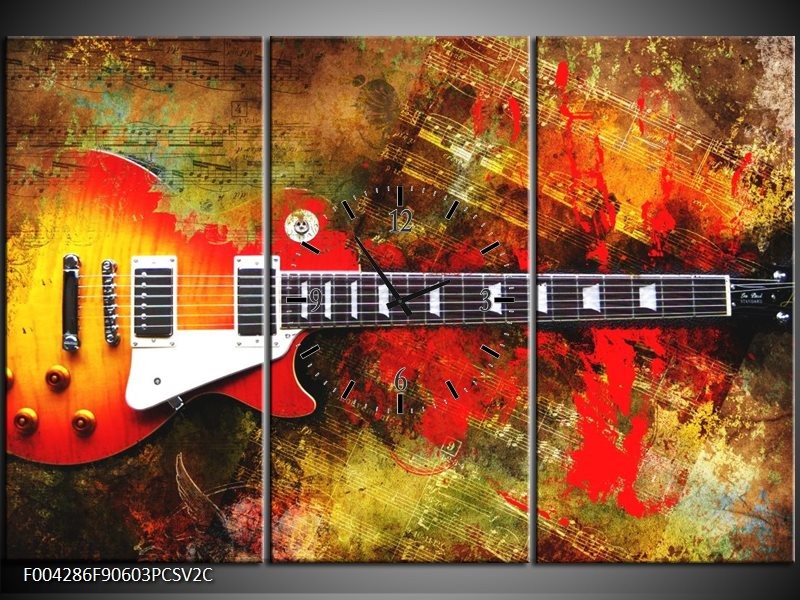 Klok schilderij Gitaar | Rood, Oranje, Geel | 90x60cm 3Luik